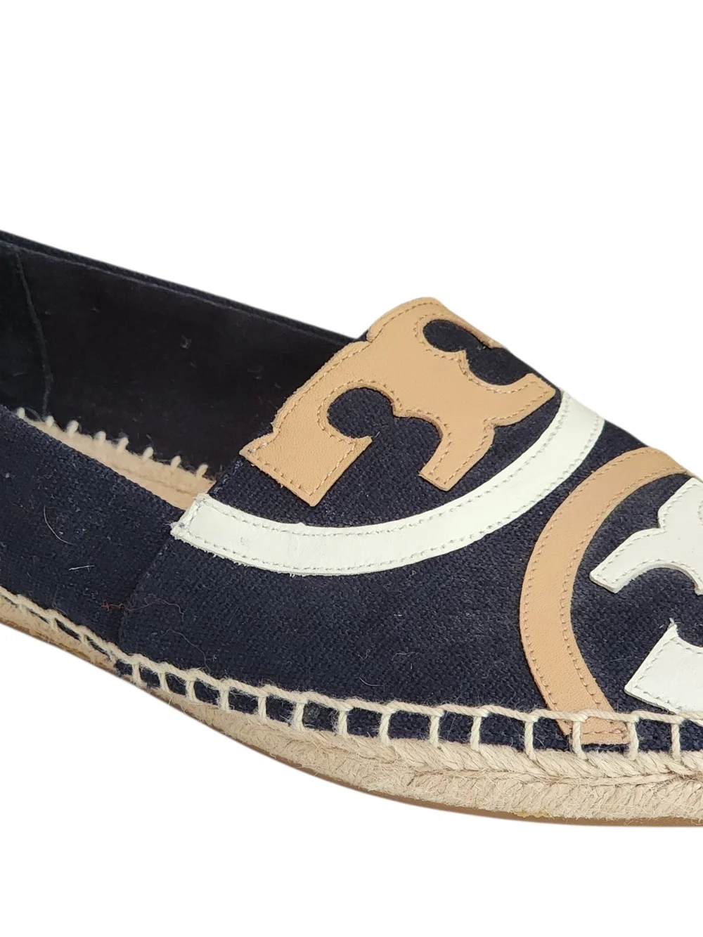 Tory Burch Black Espadrilles with Tan & White Logo Trim